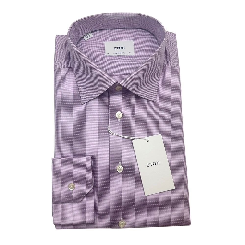 $270 Eton Shirt Mens 44 17.5 Purple Check Contemporary Dress Long Sleeve Cotton